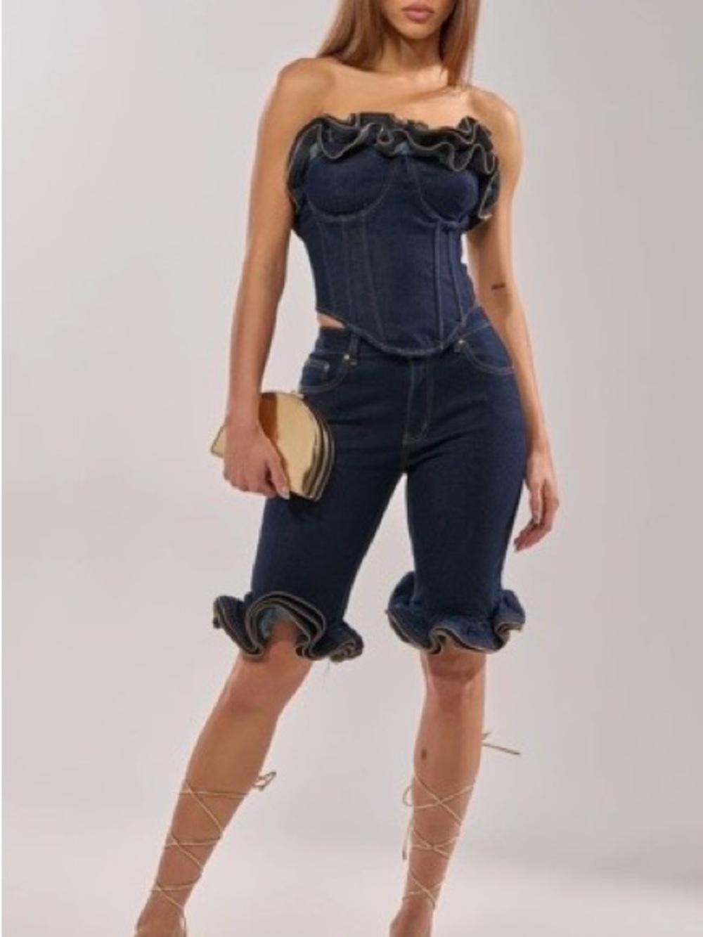 Denim Ruffle Corset Short Set